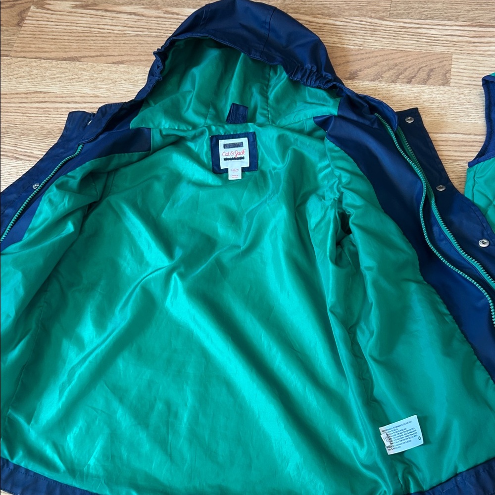 Rain jacket puffer vest combo! Kids sz 6 / 7 Navy Blue and Green - Picture 4 of 6